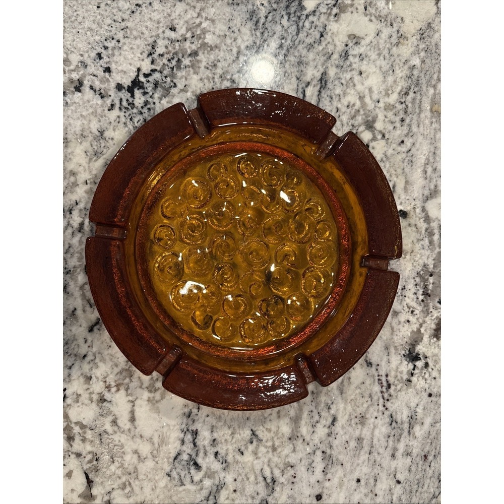Vintage‎ Blenko Glass 675 Ashtray Orange Swirl Pattern 9.5"